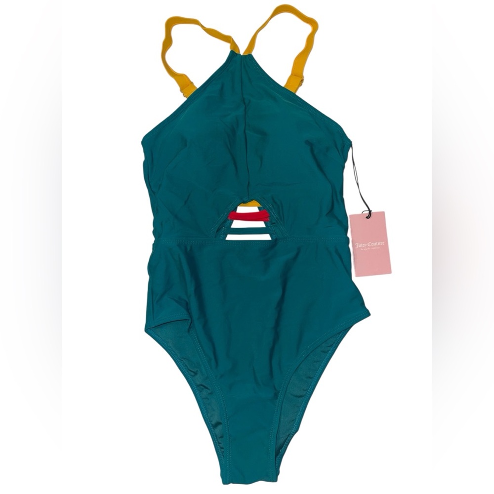 NWT Juicy Couture Swim Bathing Suit 1 Piece Swimsuit High neck contrast Green S